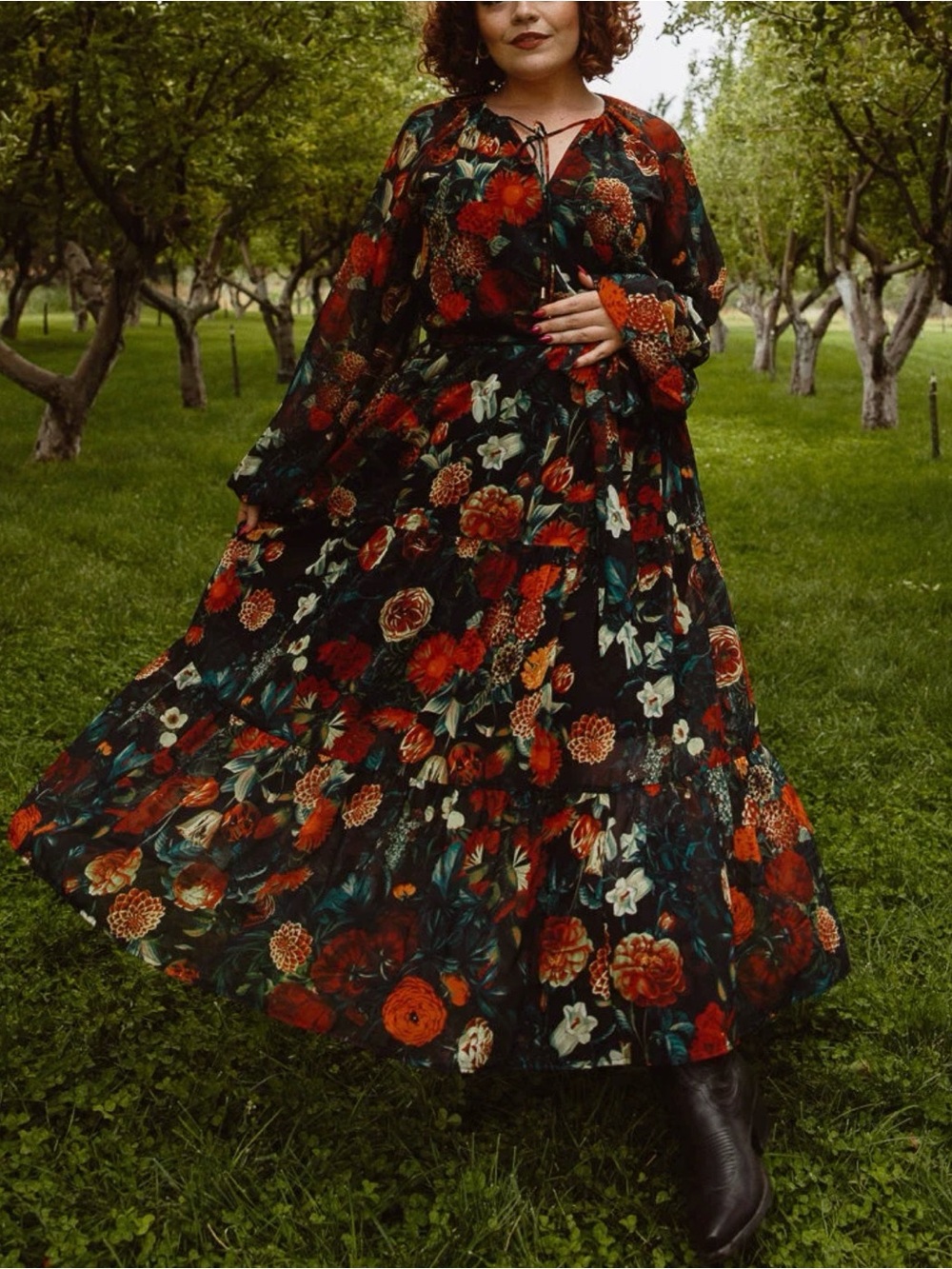 Ivy City Co Imogen Moody Floral Maxi Dress XL Long Sleeve Boho Cottagecore